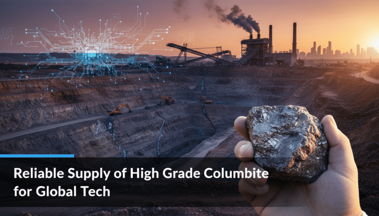 Hand holding columbite at open-pit mine, factory skyline