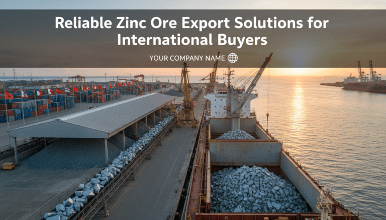 Cargo ship loading zinc ore at sunset port
