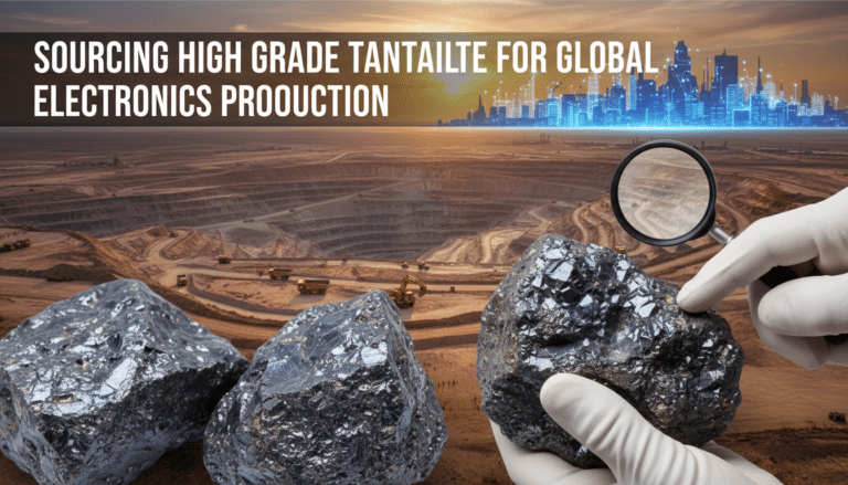 Tantalite ore at open-pit mine with city skyline