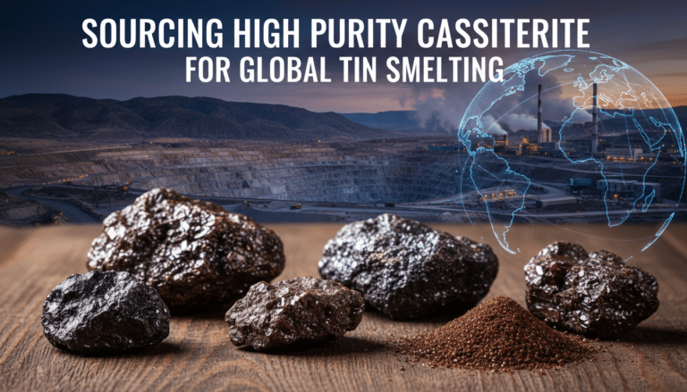 Cassiterite ore with mine and smelting plant backdrop