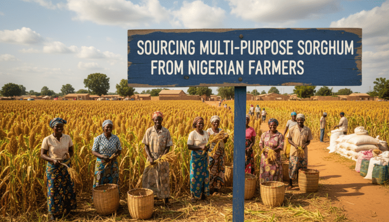 Nigerian farmers harvesting sorghum beneath sourcing sign