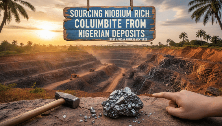Open-pit Nigerian mine with columbite sample and hammer