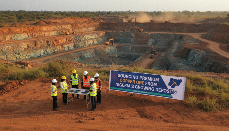 Workers surveying copper ore at Nigerian open-pit mine