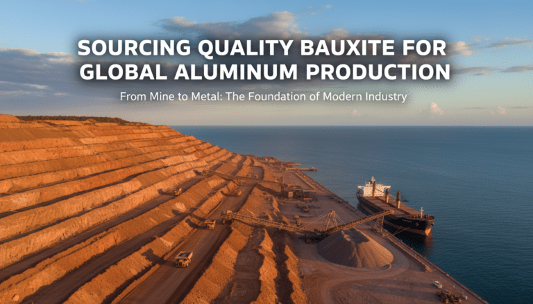 Open-pit bauxite mine and cargo ship at port