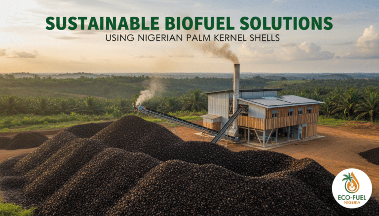 Biofuel plant with palm kernel shell piles, Nigeria