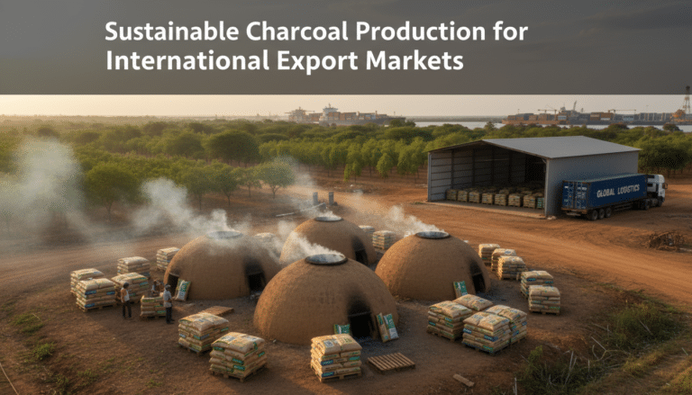 Domed charcoal kilns with export warehouse and lorry