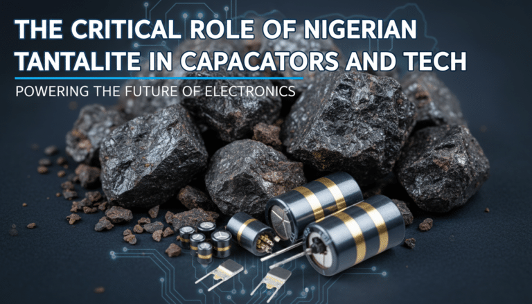 Tantalite rocks and capacitors illustrating electronics technology