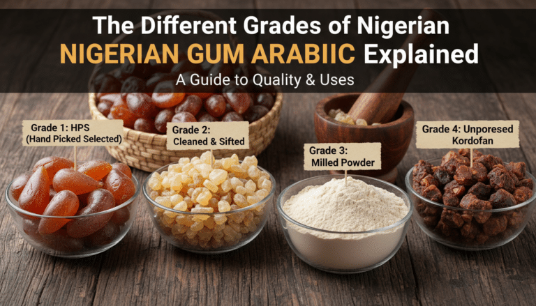 Different grades of Nigerian gum arabic displayed in bowls