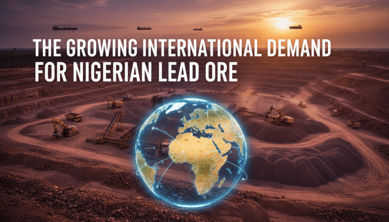 Open-pit mine with globe highlighting Nigerian lead exports