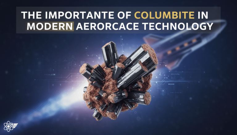 Columbite crystal with rocket and aerospace background