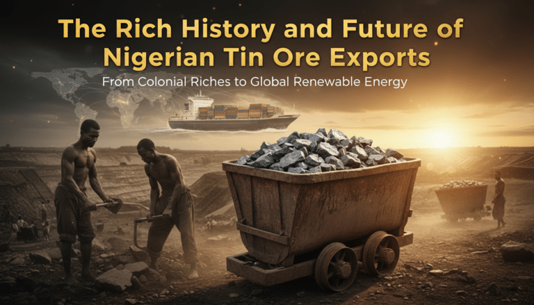 Nigerian tin miners with ore cart and cargo ship