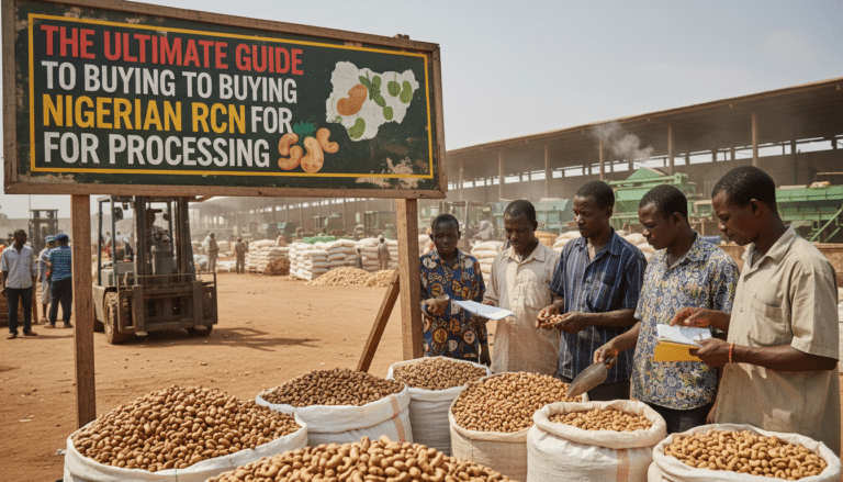 Men inspecting sacks of cashew nuts beneath signboard