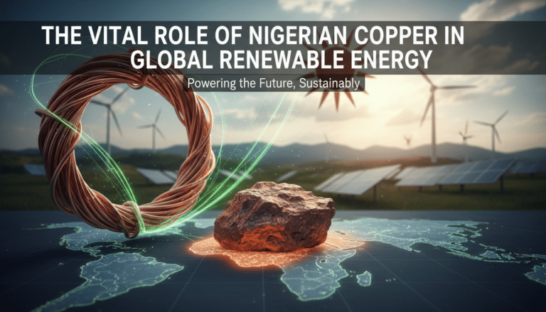 Copper coil and rock over renewable energy landscape