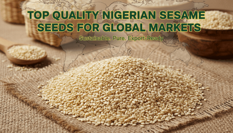 Pile of Nigerian sesame seeds on burlap sack