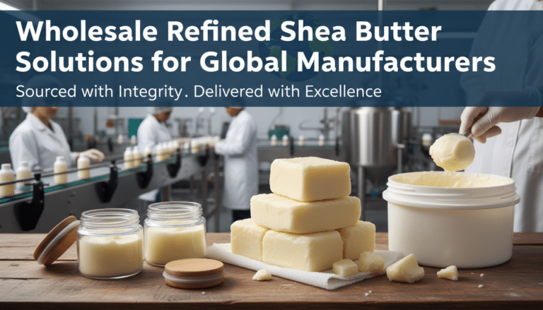 Refined shea butter blocks and jars in factory