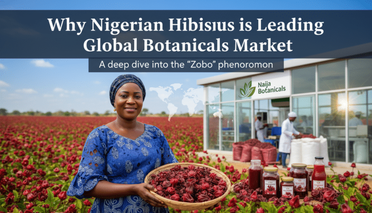 Woman holding basket of hibiscus in Nigerian field