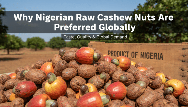 Pile of Nigerian raw cashew nuts with sign