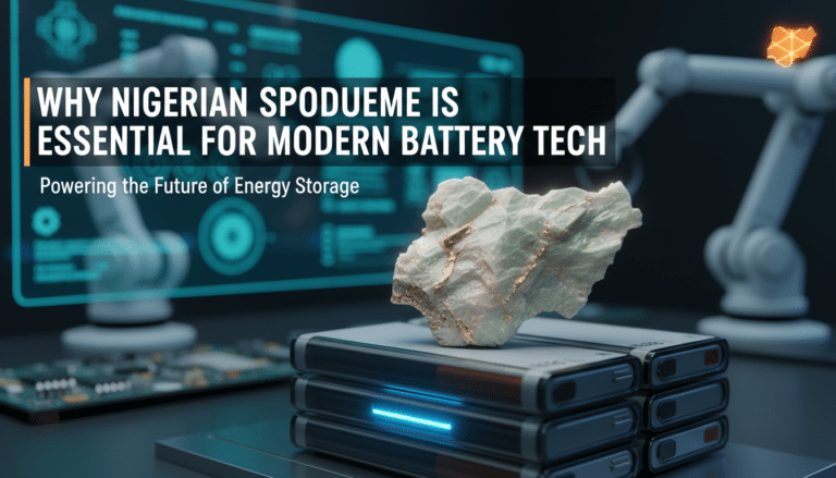 Spodumene rock on batteries in futuristic lab setting