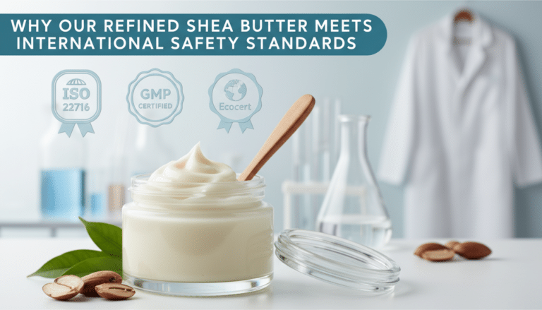 Refined shea butter jar with safety certifications displayed
