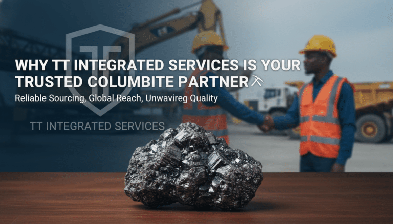 Columbite ore with miners shaking hands background