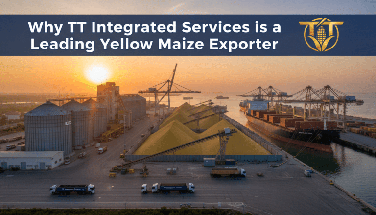 Maize piles and cargo ship at sunset port