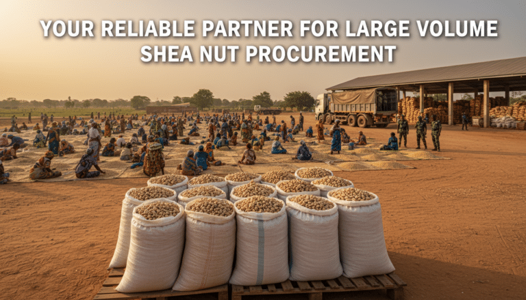 Sacks of shea nuts with workers sorting outdoors