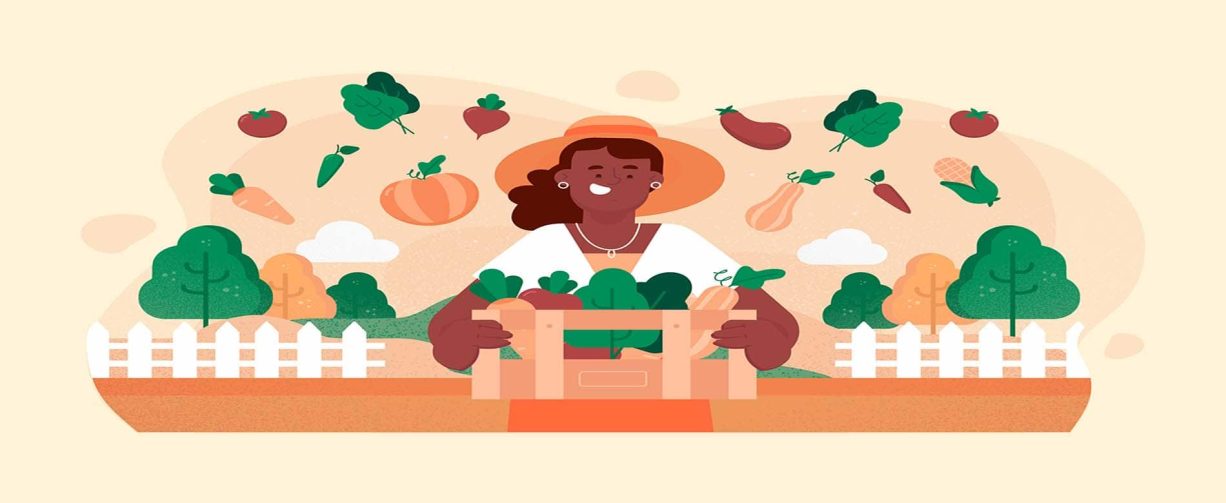 Smiling woman farmer holding crate of fresh vegetables